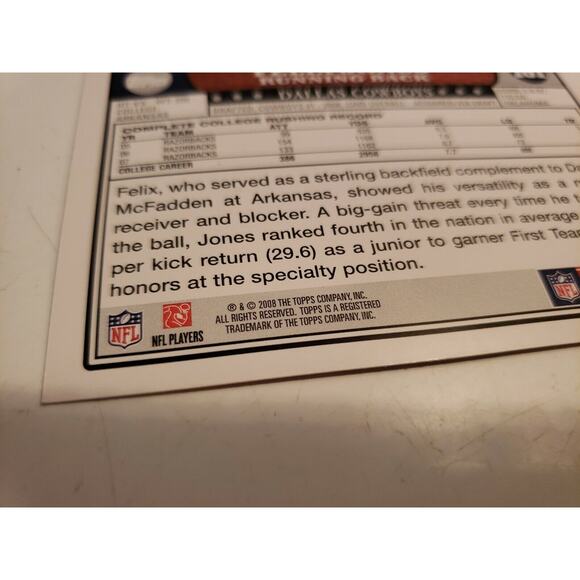 Felix Jones 2008 Topps Football Card #181 - Rookie Card RC - Dallas Cowboys - Picture 5 of 5